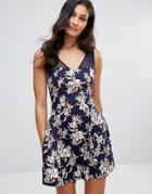 Qed London Floral Skater Dress With Mesh Detail - Navy