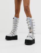 Demonia Damned Buckle Flatform Knee Boots In Silver