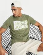 Jack & Jones Logo Print Crew Neck T-shirt In Dusty Green