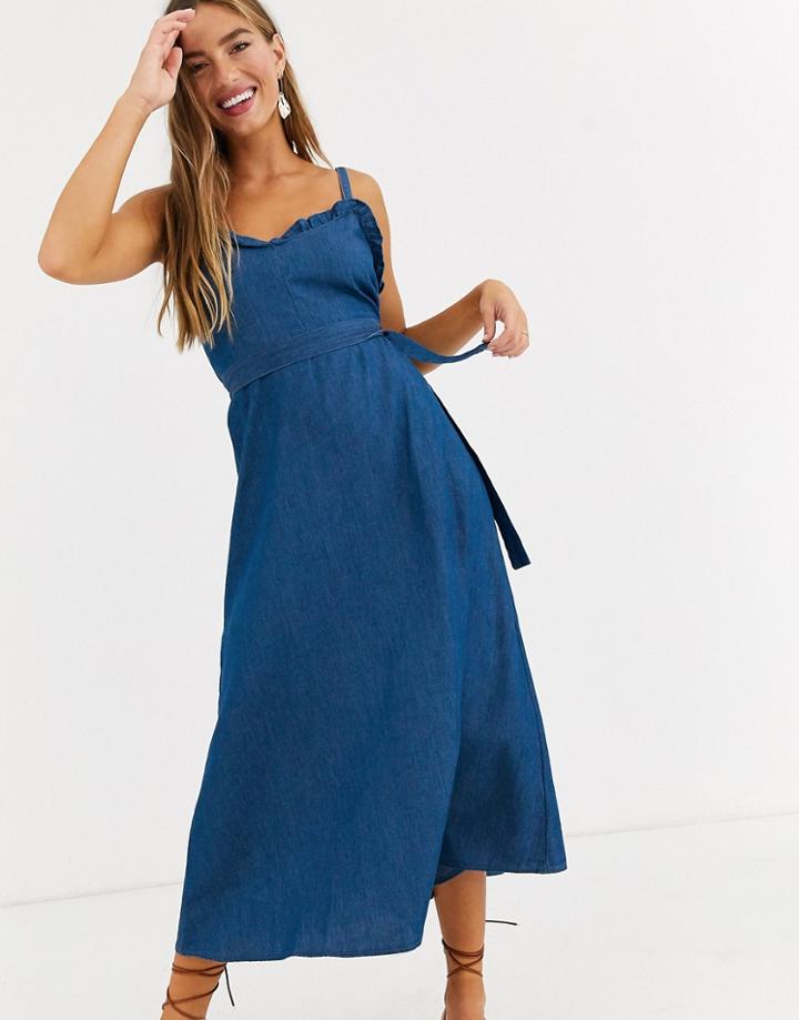 Lost Ink Denim Midi Dress With Frill Detail