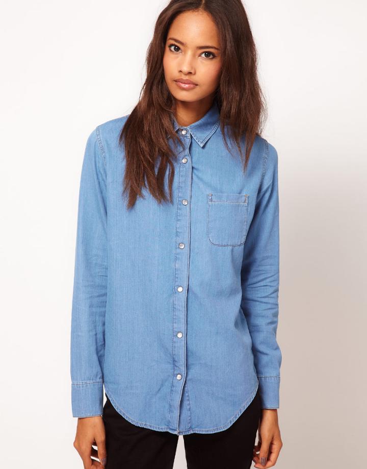 Asos Denim Shirt In Mid Stonewash Blue