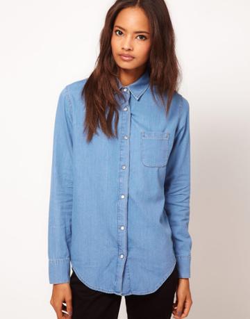 Asos Denim Shirt In Mid Stonewash Blue