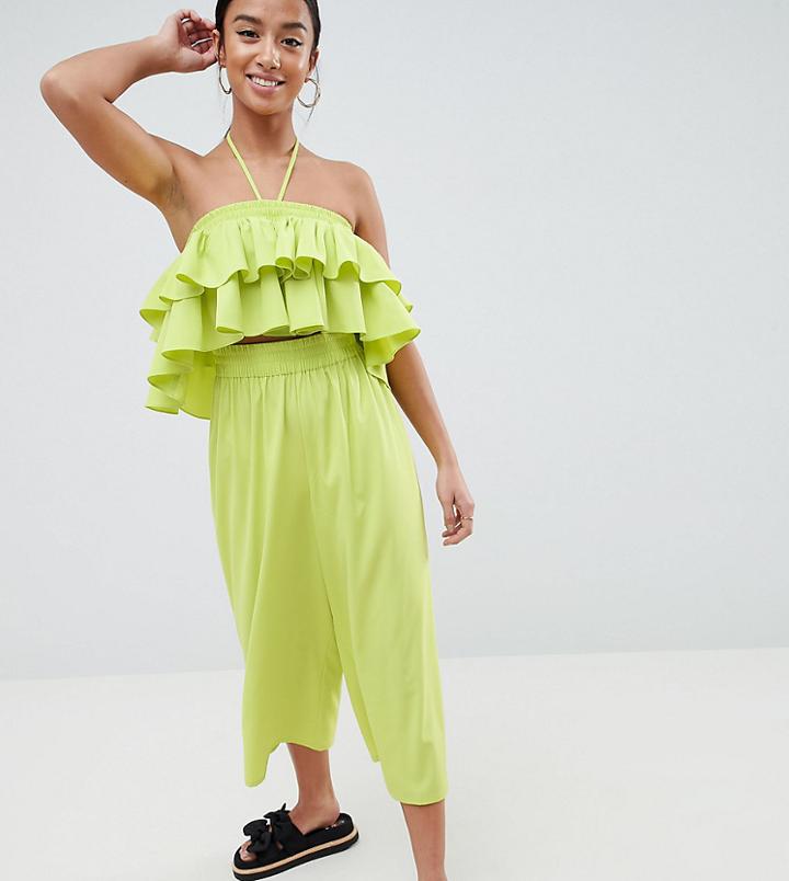 Asos Design Petite Ruffle Bandeau Jumpsuit With Cut Out Detail - Green