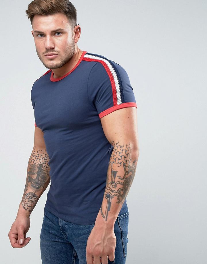 Asos Muscle T-shirt In Navy With Shoulder Taping - Navy