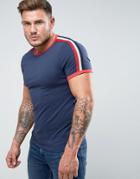 Asos Muscle T-shirt In Navy With Shoulder Taping - Navy