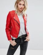 Mango Leather Look Biker Jacket - Red