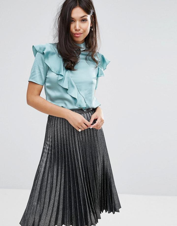 Fashion Union High Neck Top With Frill In Satin - Green