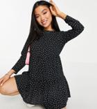 Asos Design Petite Long Sleeve Tiered Smock Mini Dress In Black-multi