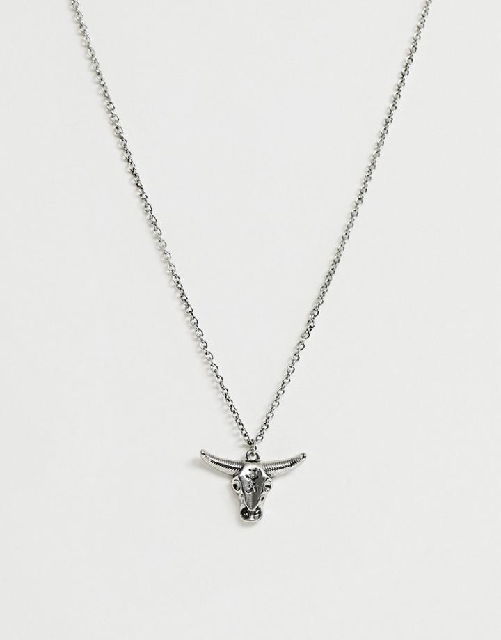 Sacred Hawk Silver Bulls Head Necklace - Silver