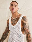 Asos Design Tank Top In Off-white Crochet With Low Front And Back