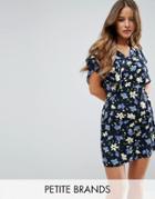 Yumi Petite Cape Dress In Floral Print - Navy