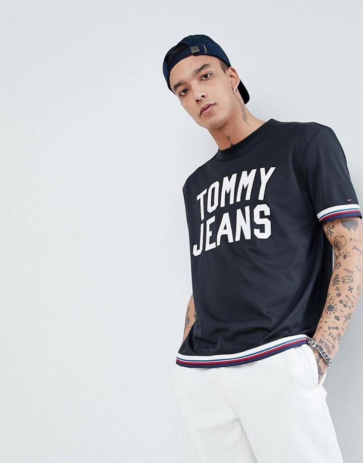 Tommy Jeans Capsule Oversized Mesh Icon Stripe Trim Logo T-shirt In Black - Black