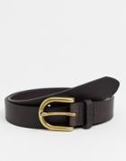 Asos Design Leather Slim Belt In Burnished Brown With Vintage Gold Buckle