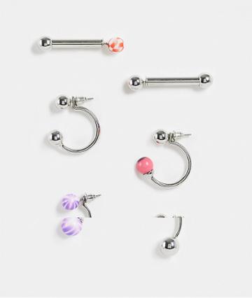 Asos Design Pack Of 6 Mixed Earrings In Pierced Ball Designs In Silver Tone