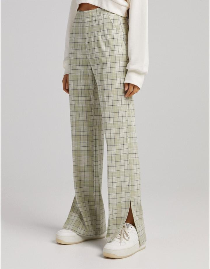 Bershka Straight Leg Pants In Green Check