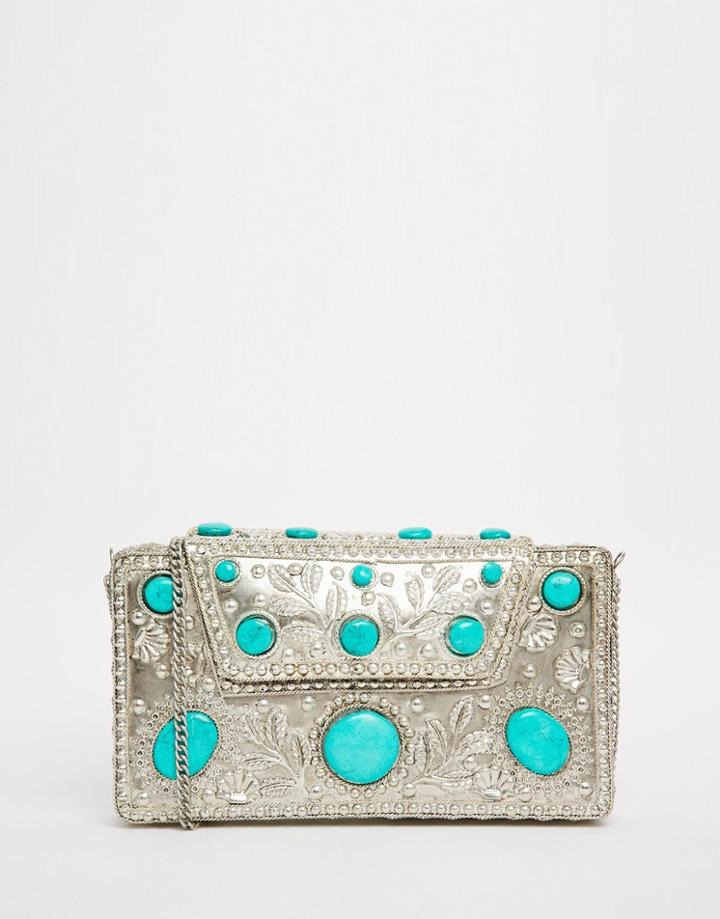 From St Xavier Clutch Bag In Silver With Turquoise Stones - Silver