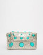 From St Xavier Clutch Bag In Silver With Turquoise Stones - Silver