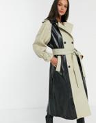 Asos Design Spliced Vinyl Trench Coat In Stone And Black-neutral