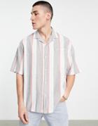 Topman Linen Oversized Shirt In Red And Gray Stripe-multi