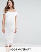 Asos Maternity Lace & Scuba Bardot Cross Front Midi Dress - White