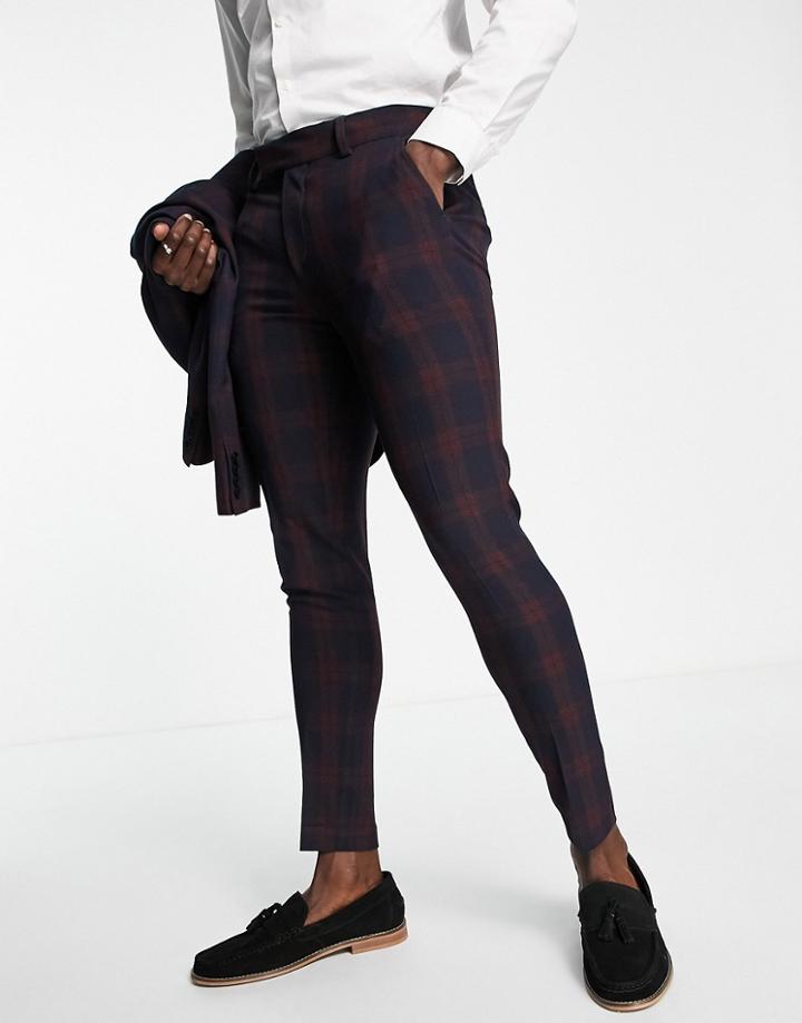 Asos Design Super Skinny Suit Pants In Burgundy Blackwatch Tartan Check-red