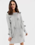 Brave Soul Sweater Dress With Tinsel Pom Poms - Gray