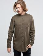 Asos Military Shirt In Khaki Drape Fabric With Grandad Collar In Longline - Khaki