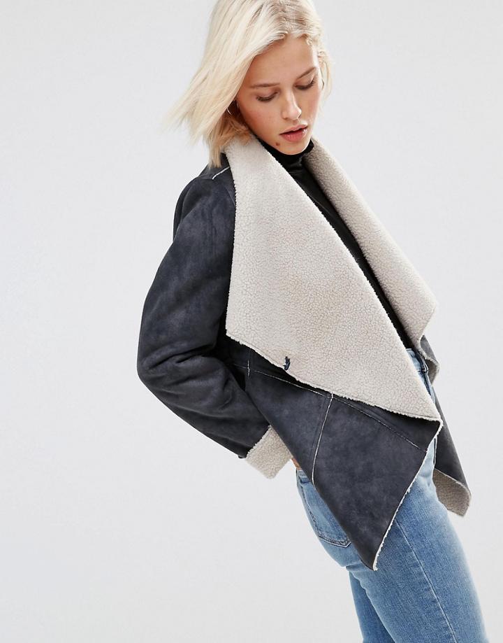 Brave Soul Faux Shearling Waterfall Front Jacket - Blue