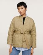 Mango Quilted Button Front Nylon Jacket With Pockets And Belt In Camel-neutral
