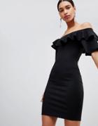 Fashion Union Bodycon Off Shoulder Dress With Ruffles In Crinkle - Black