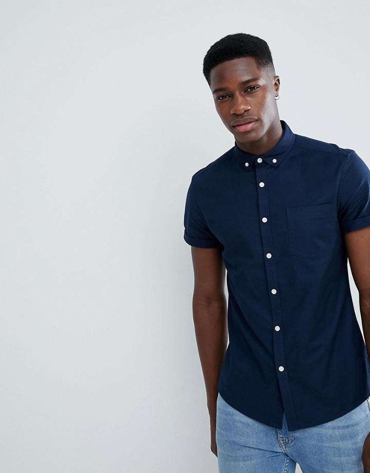 Asos Design Casual Slim Fit Oxford Shirt In Navy