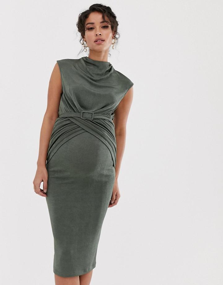 Asos Design Maternity Drape Front Belted Pencil Midi Dress - Green