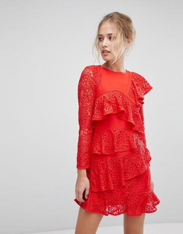 Aijek Long Sleeve Mini Lace Shift Dress With Ruffle Detail - Red