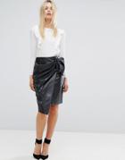 Closet Wrapover Pencil Skirt In Faux Leather - Black
