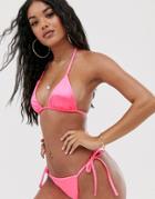 Asos Design Sleek Triangle Bikini Top In Neon Pink Mirror Satin - Pink