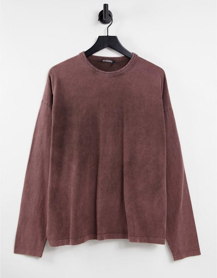 Asos Design Oversized Long Sleeve T-shirt In Brown Acid Wash