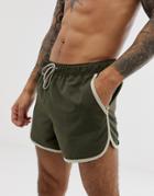Asos Design Runner Swim Short In Khaki With Stone Binding-green