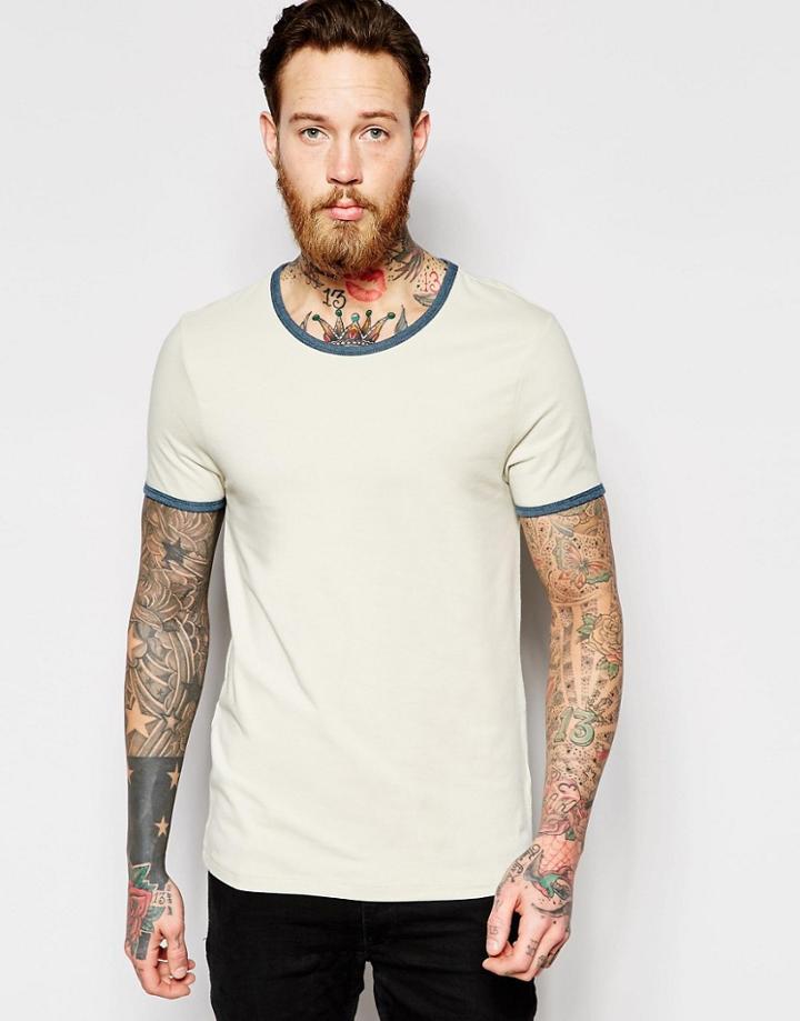 Asos Muscle T-shirt With Contrast Ringer - Beige