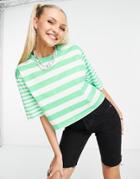 Asos Design Boxy Crop Tee In Green And White-multi