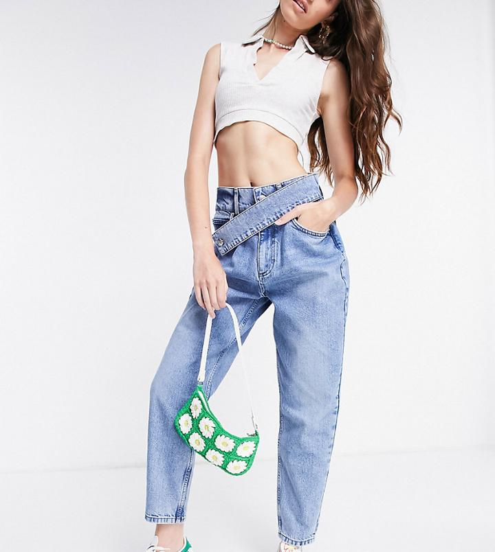 Reclaimed Vintage Inspired '92 Relaxed Mom Jeans With Waistband Detail In Mid Blue-blues