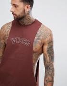 Asos Design Oversized Extreme Dropped Armhole Tank With Vibes Print - Red