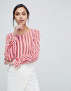 Y.a.s Trey Striped Top With Tie Cuff - Red