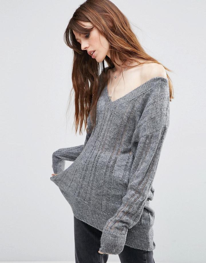 Asos Sweater With Off Shoulder And Ladder Detail - Gray