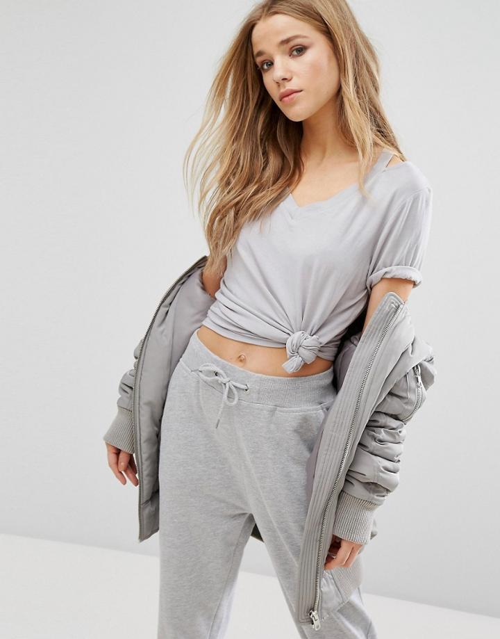 New Look Side Knot Front V Neck T-shirt - Gray