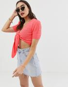 Asos Design Knot Front Knitted Crop Top-pink