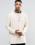 Asos Oversized Longline Long Sleeve T-shirt With Lace Up Hood In Off White - Off White
