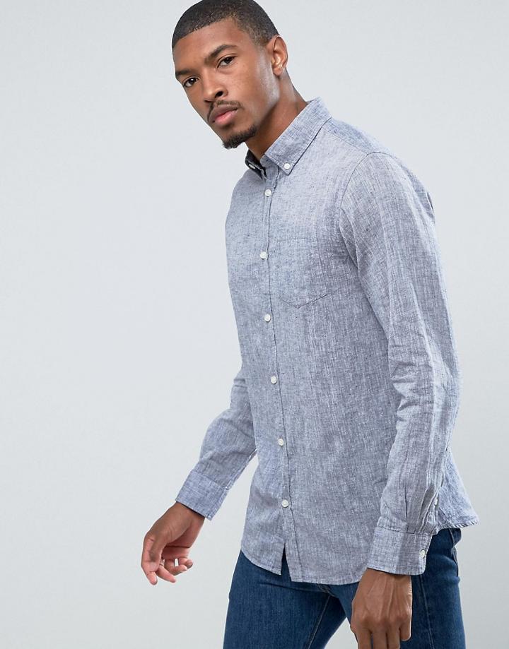 Jack & Jones Originals Linen Mix Long Sleeve Slim Fit Button Down Shirt - Navy