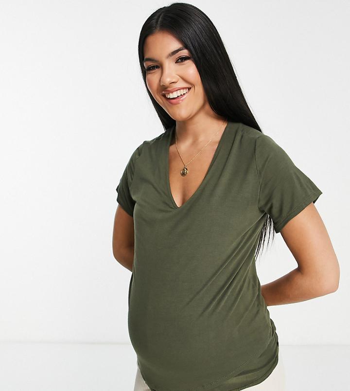 Flounce London Maternity Fitted Stretch T-shirt In Khaki-green