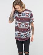 Asos Longline T-shirt In Linen Look With All Over Geo-tribal Print - Oxblood