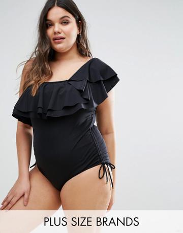Monif C One Shoulder Frill Swimsuit - Black